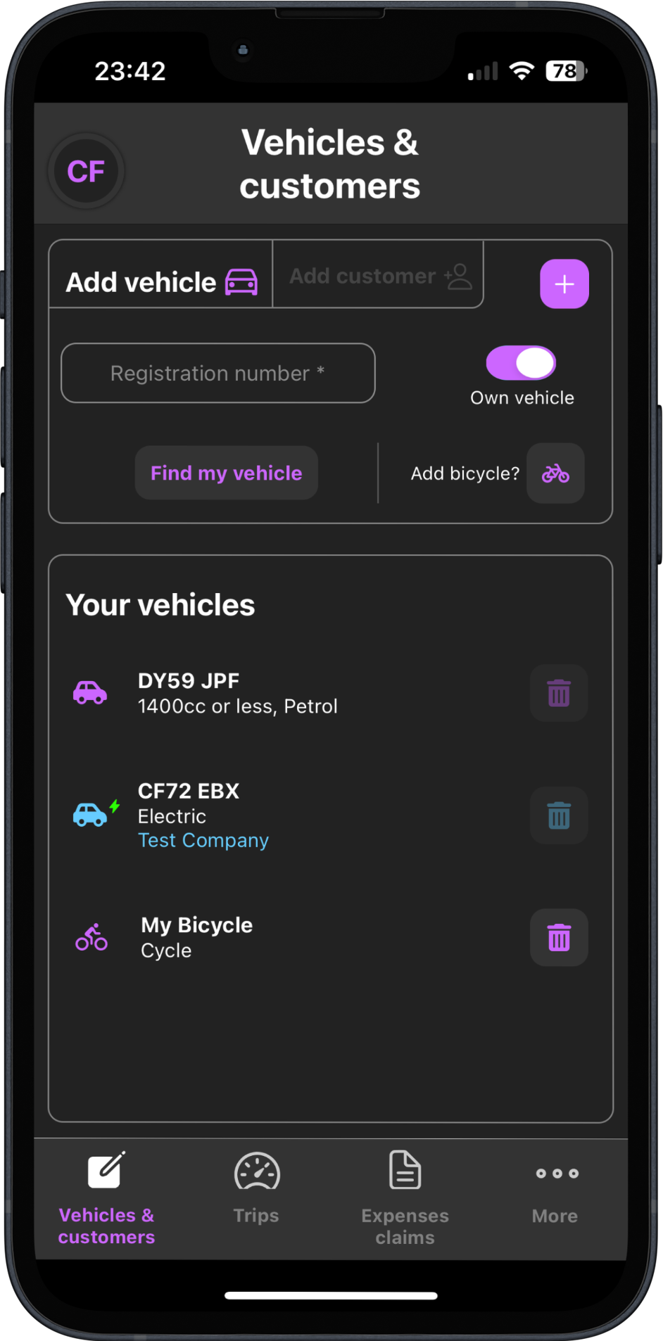 MileageMonster app vehicle list for mileage calculations