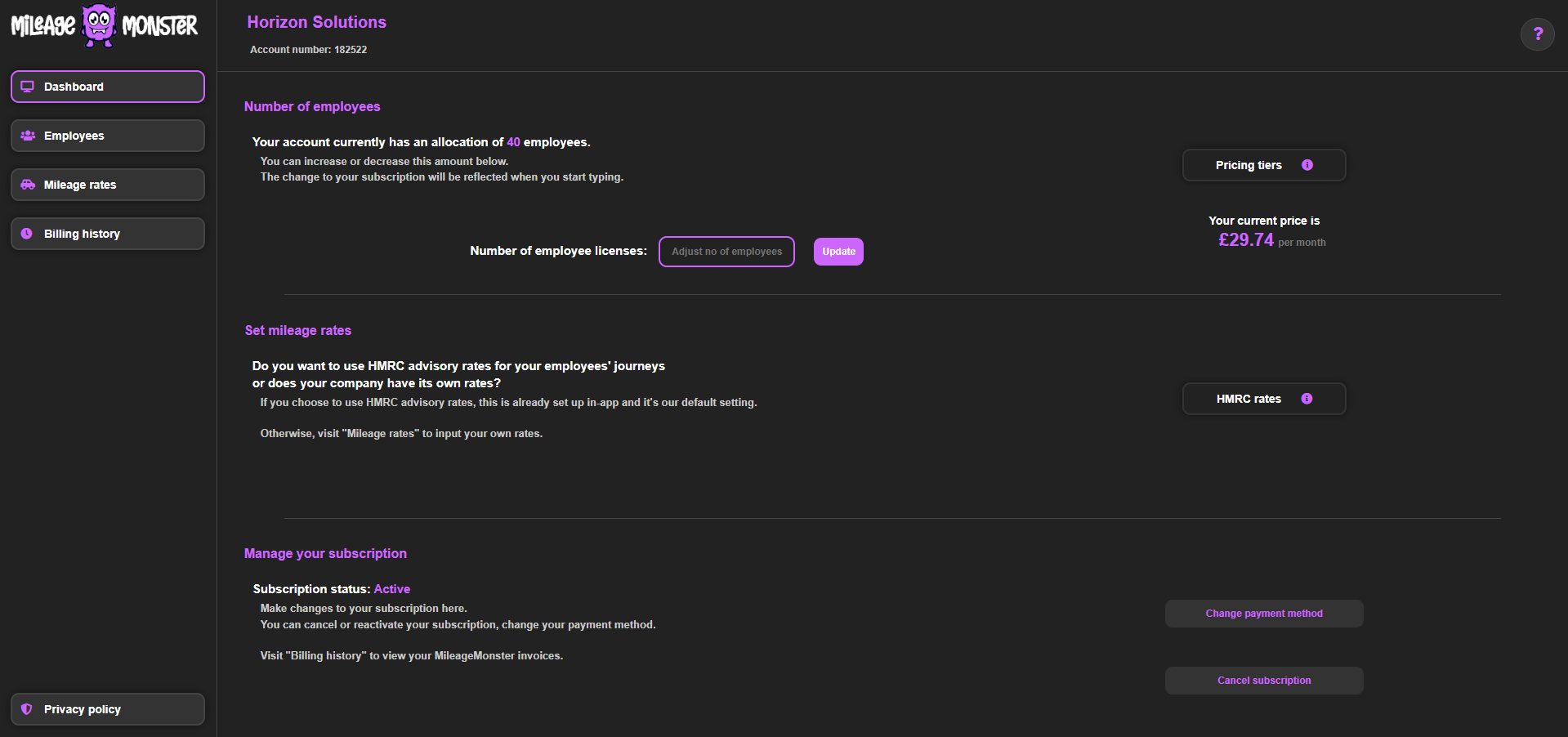 MileageMonster employer portal dashboard showing subscription and usage overview