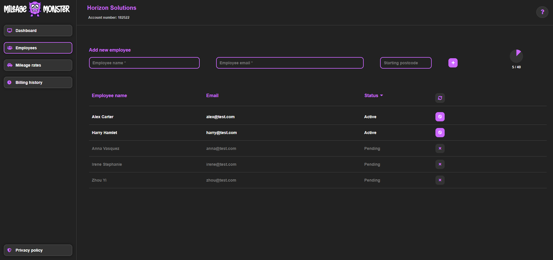 Screenshot of employee page in MileageMonster app