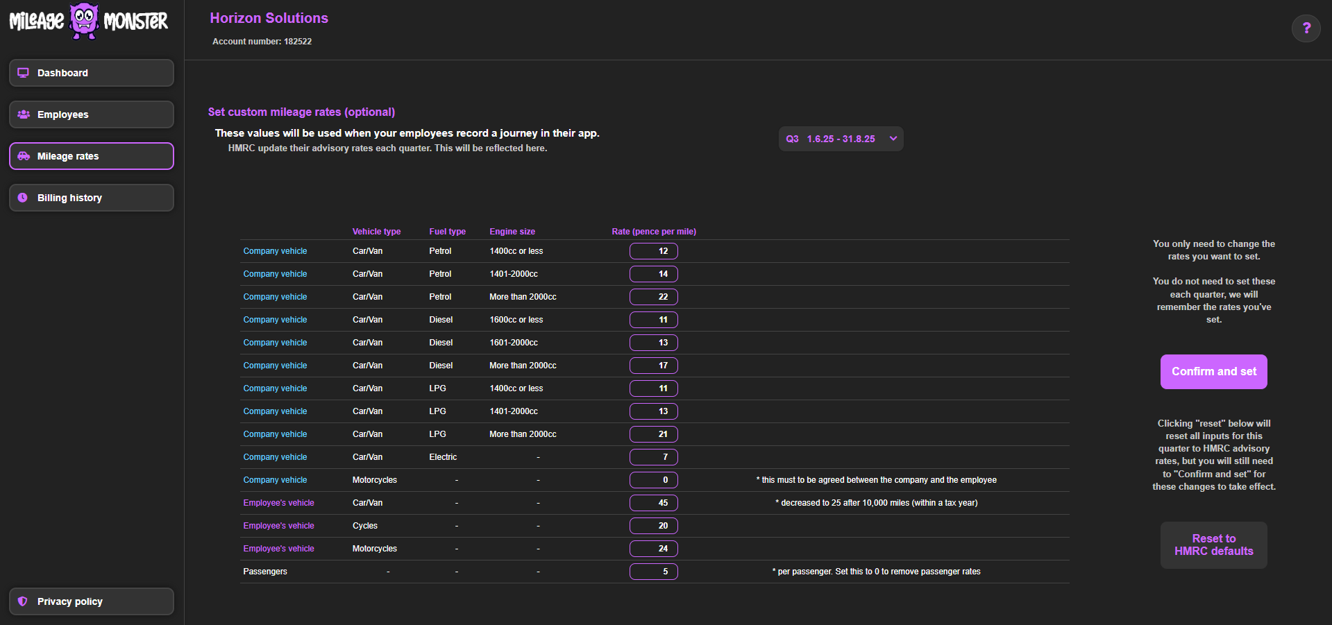 MileageMonster portal screenshot showing customisable mileage rates